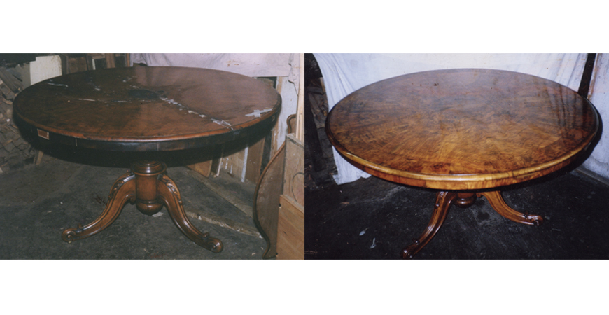 Before and after photos of a table with surface cracks